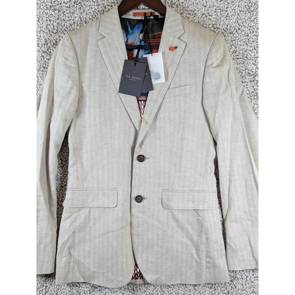 Ted Baker Linen Blend Sport Coat Size 1‎ 34R Herringbone Gray NWT